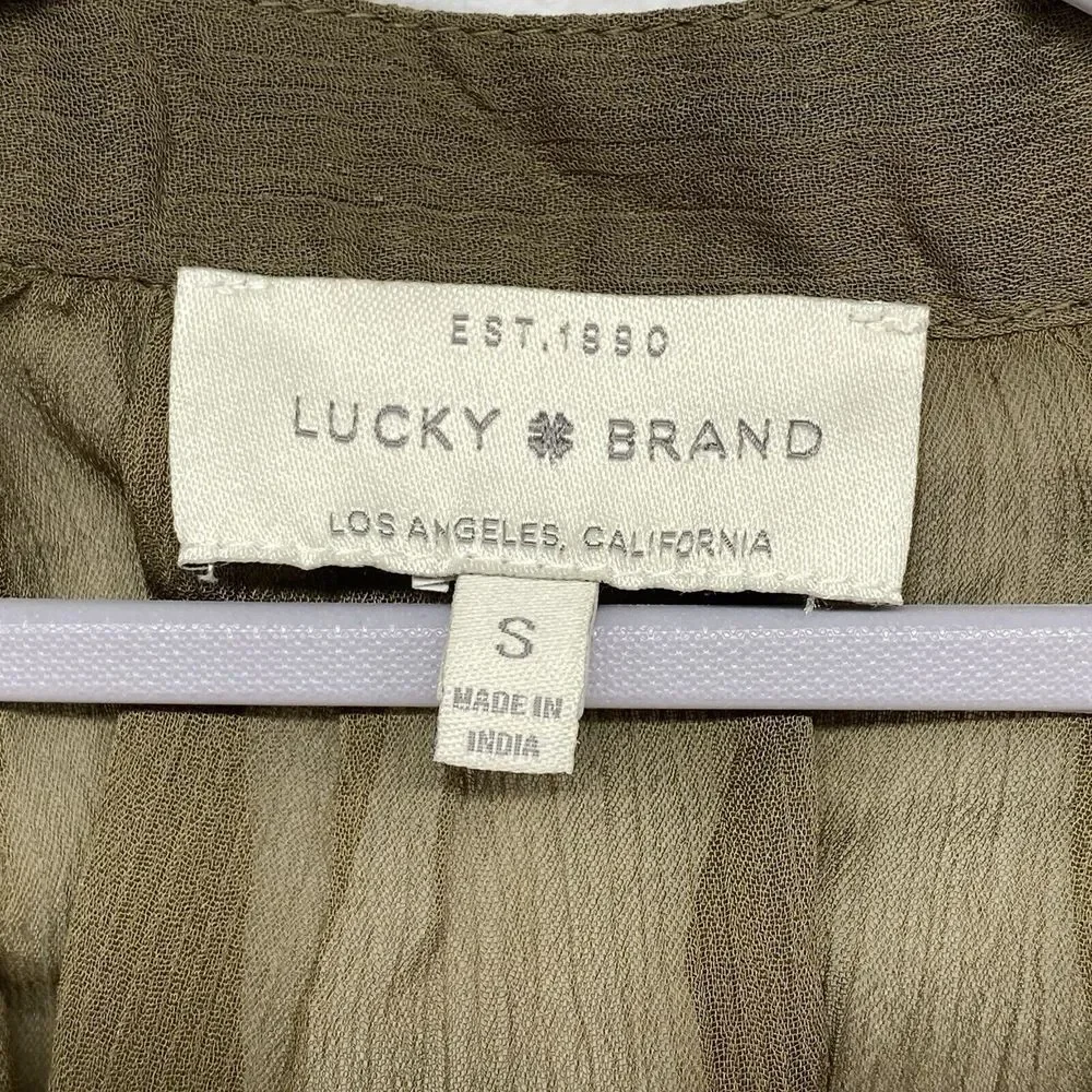 Lucky Brand Top Womens Small‎ Olive Green Embroidered Beaded Sheer Boho Blouse